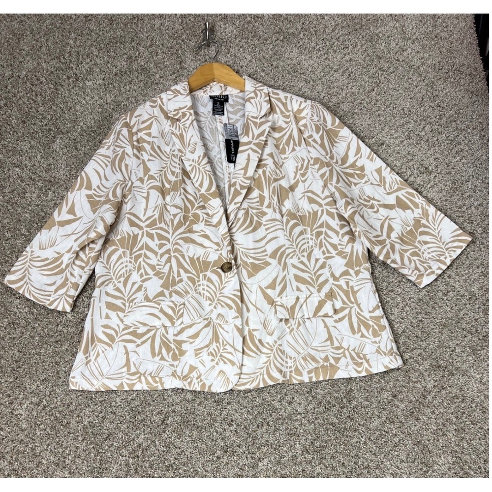 SOHO Apparel Ltd Womens XL Tropical Palm Print Blazer Tan White 3/4 Sleeve NWT
